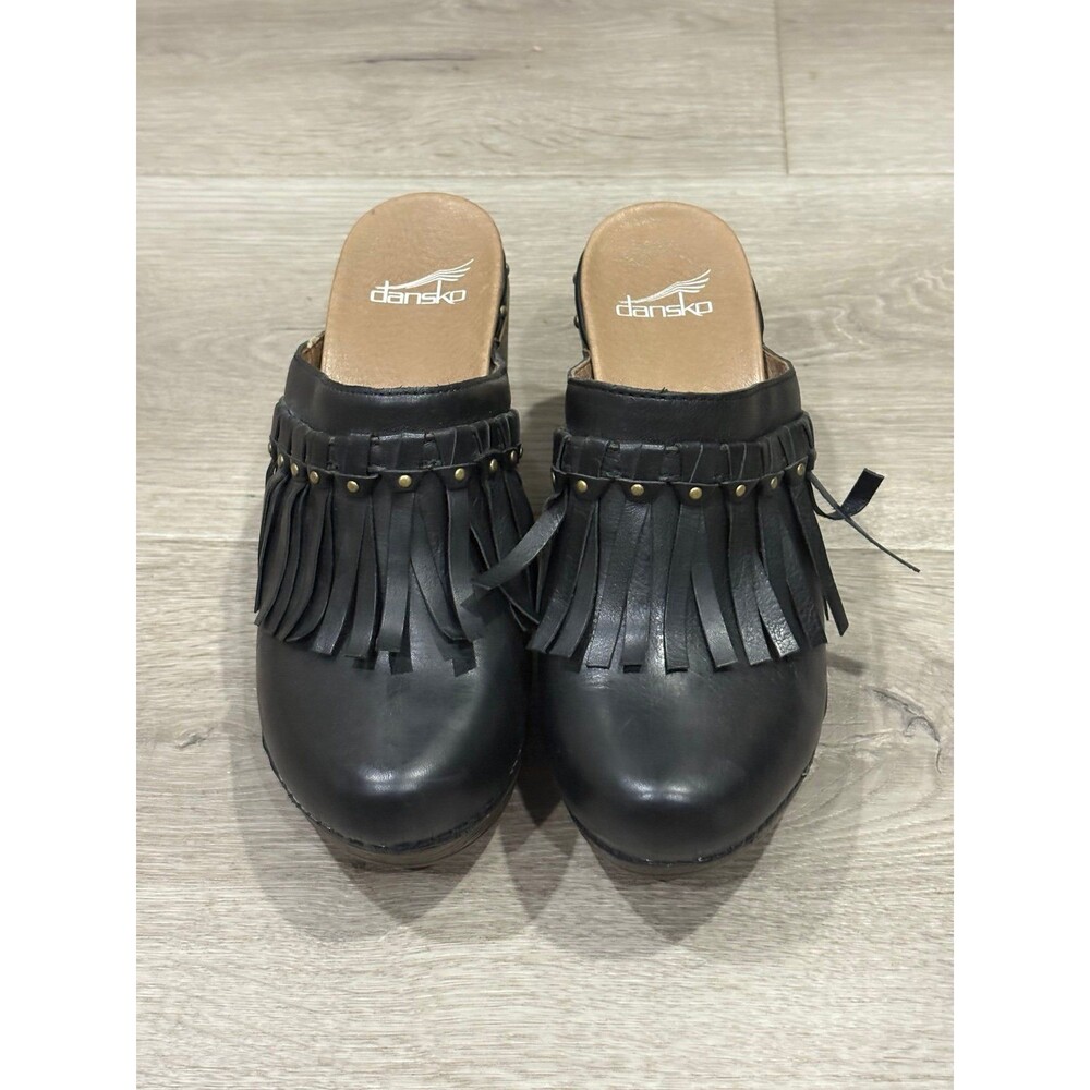Dansko Black Leather Fringe Clog Mule-Size 38 US 7.5-8 - Studded Boho Heel NWOT